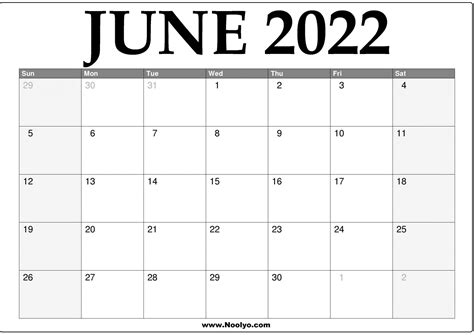 2022 June Calendar Printable Download Free Noolyocom June 2022