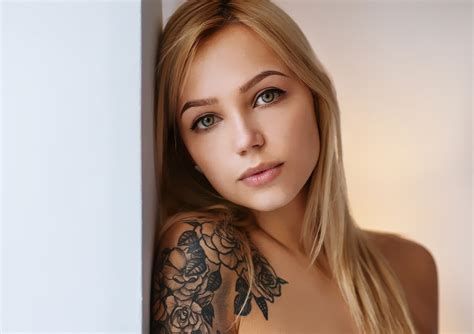 Looking At Viewer Blonde Inked Girls Women In Bed Skirt 1080p