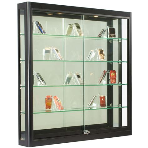 Wall Mounted Black Aluminum Glass Display Cabinet Illuminated Locking Sliding Glass Doors