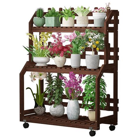 Magshion Rolling Flower Rack Wood Plant Stand With Wheels 3 Tier