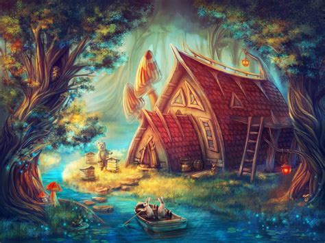 Fairy House River Boat Bear Rabbits Fantasy Wallpapers Hd