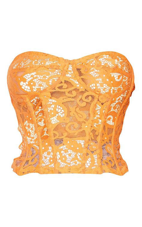 Hot Orange Sheer Lace Structured Corset Top Prettylittlething Usa