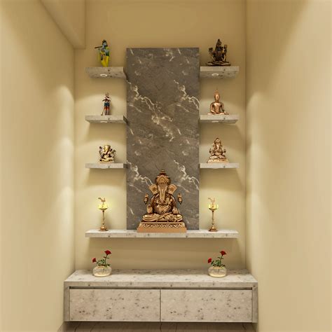 Modern Pooja Room Design With Marble Finish Storage Livspace