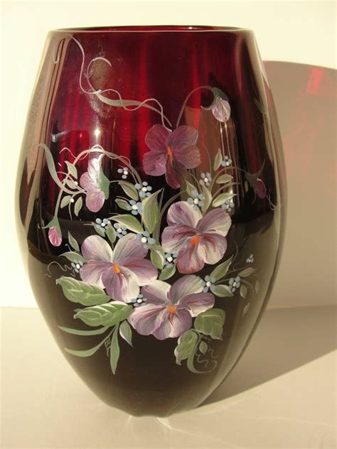 Beautiful Hand Painted 7 Ruby Glass Vase W By Marketsquareus Glass Vase Decor Painted Glass