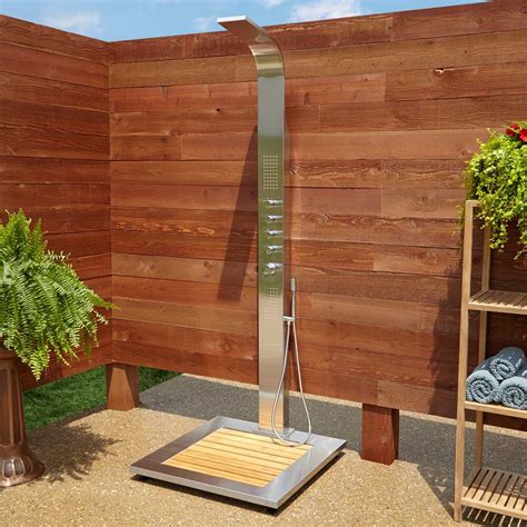 Abner Outdoor Stainless Steel Shower Panel With Bamboo Tray Outside