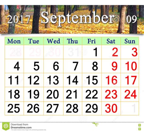 Family health & fitness day usa. Calendar For September 2017 With Yellow Leaves Stock Photo ...