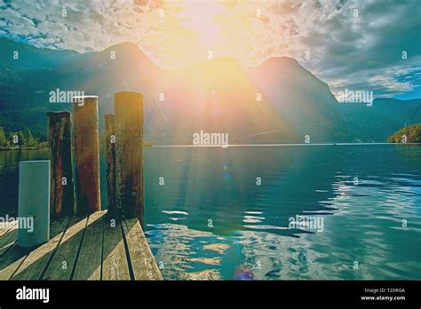 Beautiful Scenic Sunrise Over Austrian Alps Lake Old Vintage Houses In