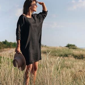 Loose Fit Linen Dress ARUBA In Black Knee Length Long Sleeve Etsy