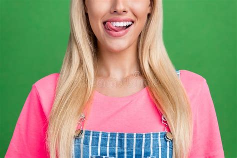 Cropped Photo Of Healthy Cute Lovely Adorable Lady Tongue Lick Teeth Wear Striped Overall