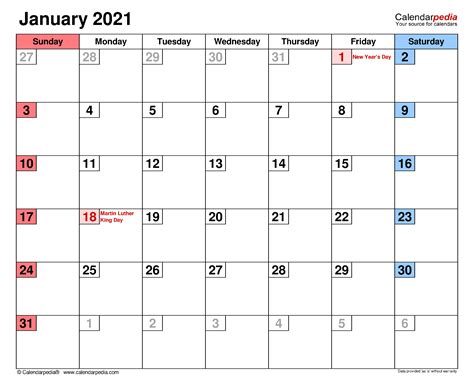 January 2021 Calendar Templates For Word Excel And Pdf