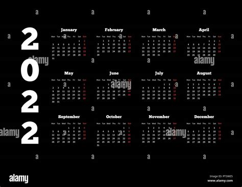 Calendar On 2022 Year With Week Starting From Monday A4 Sheet On Black