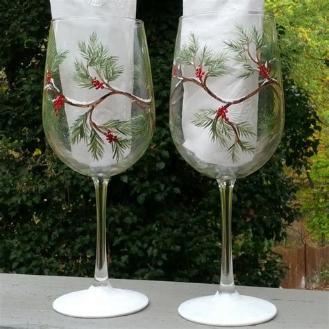 Holiday Pine Branches And Berries Hand Painted Wine Glasses Etsy Painted Wine Glasses Wine