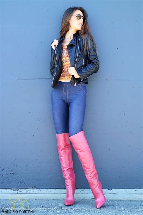 cute knee high pink boots with jeans fashion pink boots outfit sexy boots