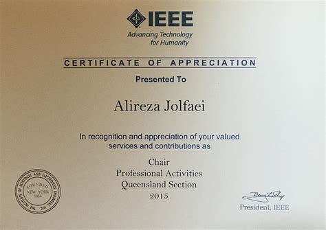 Certificate Of Appreciation From The President Of Ieee For My Services