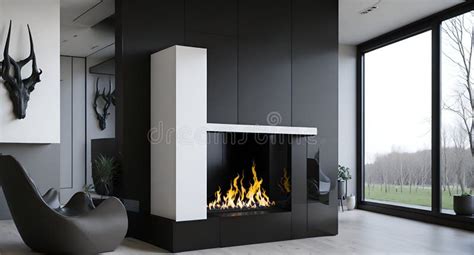 Ai Generated Sleek Black And White Living Room With Modern Fireplace As