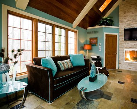 Brown, on the other hand, pops up in the table, the furniture's legs, the lamp desks, and the ceiling. Turquoise And Brown Ideas, Pictures, Remodel and Decor