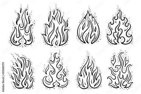 Fire Flames Icons Vector Set Hand Drawn Doodle Sketch Fire Flame