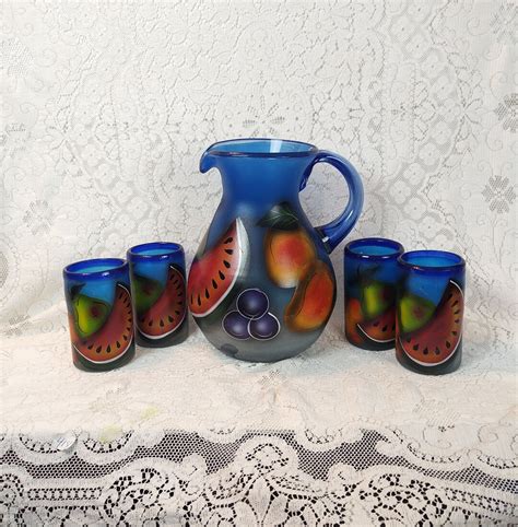 Vintage Mexico Blown Glass Hand Painted Pitcher And Glass Set Etsy