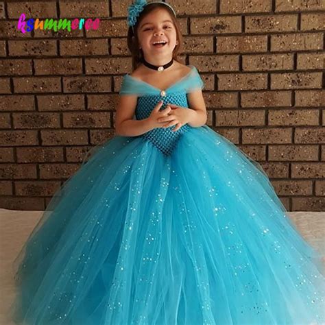 Girls Blue Glitter Princess Tutu Dress Elsa Inspired Kids Rhinestone