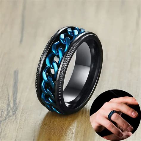 8mm Mens Fidget Black Rings With Blue Center Curb Chain Spinner Ring