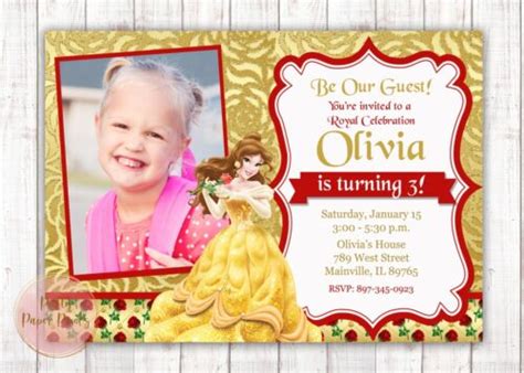 Princess Belle Birthday Party Invitation Beauty Beast Digital Or