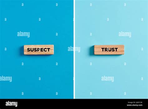 The words trust and suspect on wooden blocks. Dilemma or choice between