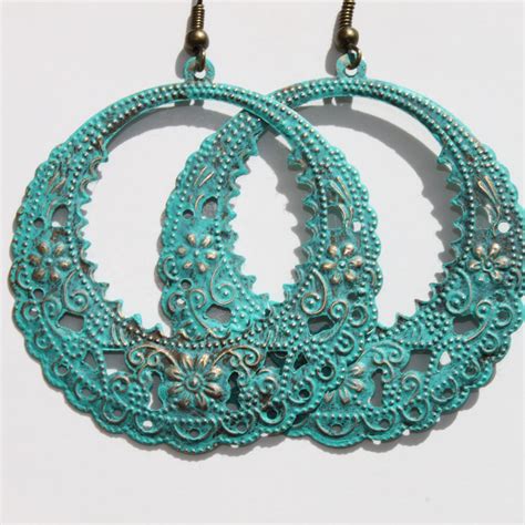 Turquoise Earrings Patina Dangle Hoop Earrings Boho Earrings