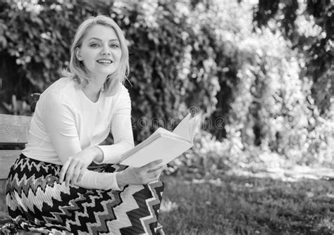 Woman Happy Smiling Blonde Take Break Relaxing In Garden Reading Poetry Girl Sit Bench Relaxing