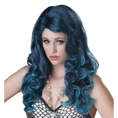 Womens Curly Dark Mermaid Costume Wig Naiad Dark Blue Wavy Halloween