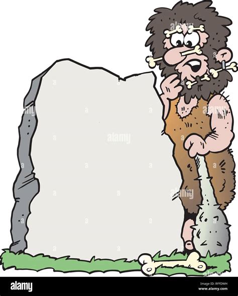 cartoon vector illustration d un homme des cavernes à la recherche lors d une grosse pierre