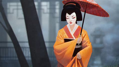 Download Wallpaper 1920x1080 Geisha Girl Kimono Umbrella Art Full Hd Hdtv Fhd 1080p Hd