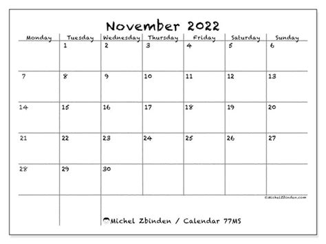 November 2022 Printable Calendar “77ms” Michel Zbinden Nz