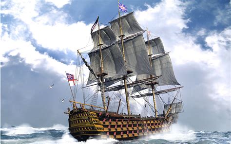 Ocean Ships Britain Flags Cannons British Sail Ship Sails Wallpaper