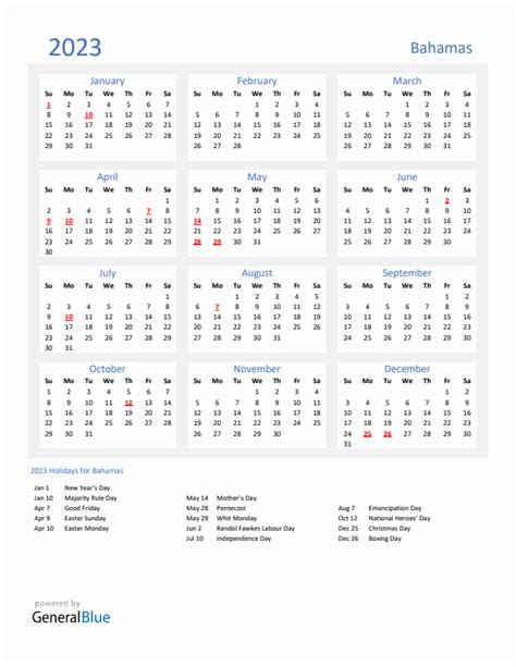 2023 Bahamas Calendar With Holidays