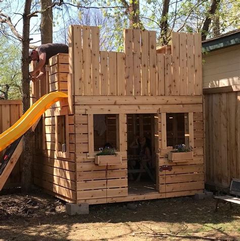 Wooden toys are a joy to make and to give to the lucky child. Wooden castle play-set with flower boxes and slide | Play houses, Build a playhouse, Playhouse plan
