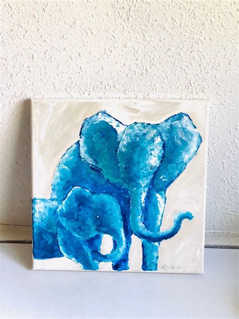Elephants Acrylic Painting On Canvas Blue Elephants Painting Etsy