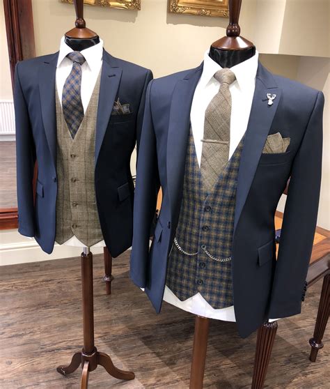 Men's wedding suits at suit direct. Groom & groomsmen look | Navy jacket | Brown tweed ...