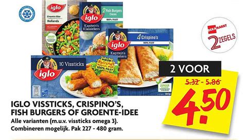 Iglo Vissticks Crispino S Fish Burgers Of Groente Idee Aanbieding Bij Dekamarkt Folders Nl