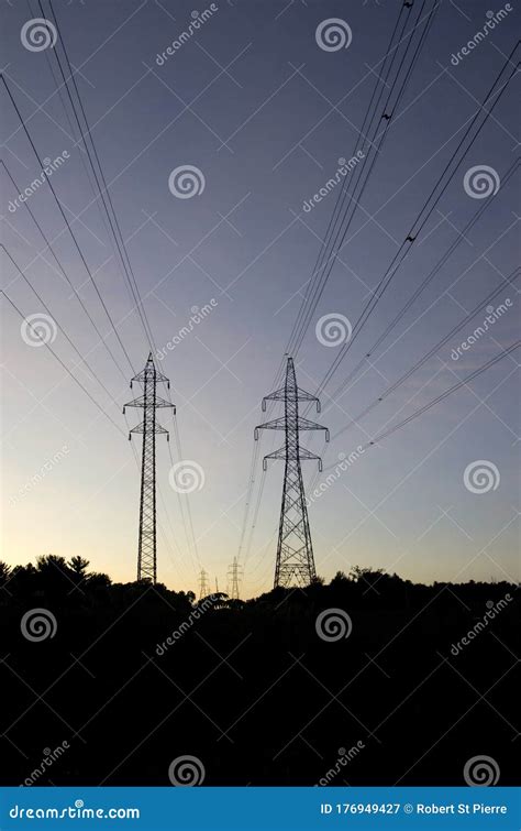 Electrical Hydro Towers And Cables At Sunset Stock Image Image Of