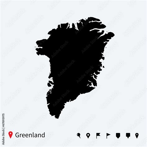 High Detailed Vector Map Of Greenland With Navigation Pins Stock
