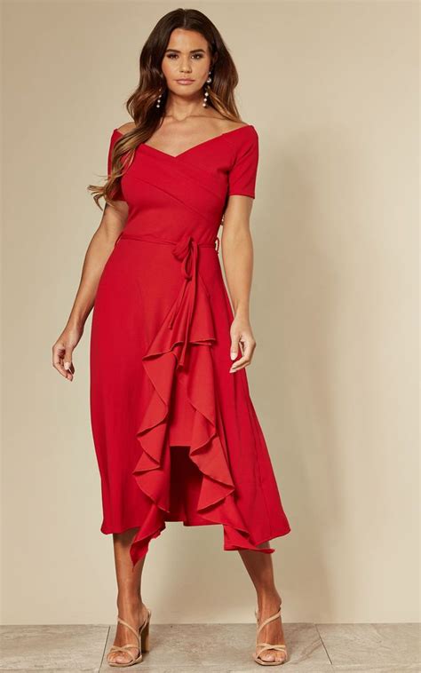 Exclusive Bardot Off Shoulder Midi Dress Red Feverfish Silkfred