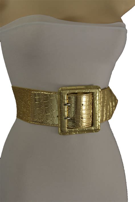 Women Metallic Gold Stretch Fabric Sexy Belt Big Square Buckle Hip