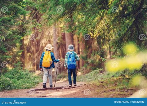 Two Boys With Backpacks Hiking Together In The Wilderness Forest Stock