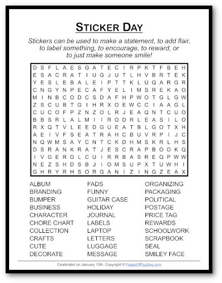 Sticker Day Word Search Puzzle Pages Of Puzzles