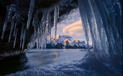 Cave Ice Mountain Winter Sunrise Snowy Peak Lake Banff National