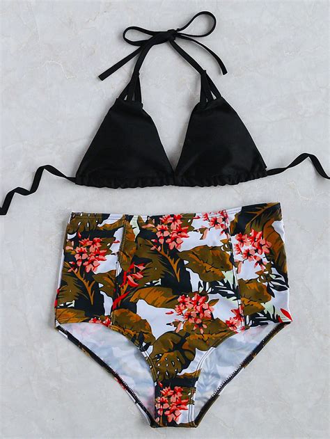 Shop Black Tropical Print High Waist Triangle Bikini Set Online Shein Offers Black Tropical