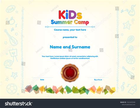 Kids Summer Camp Diploma Certificate Template 库存矢量图（免版税）1022433340