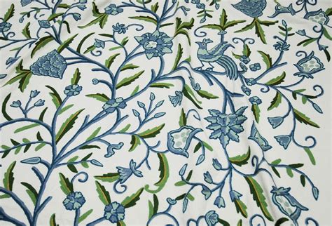 Cotton Crewel Embroidered Fabric Tree Of Life Birds Blue And Green