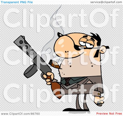 royalty free rf clipart illustration of a mobster man holding a submachine gun and smoking a