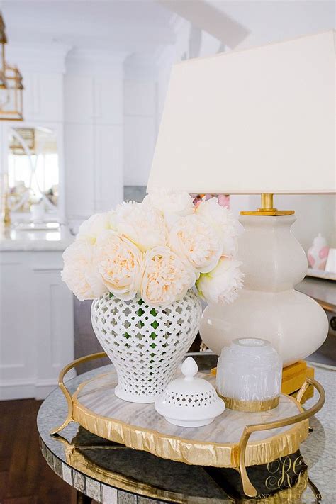 Faux Peonies White Ginger Jar Gold Marble Tray Gold Living Room